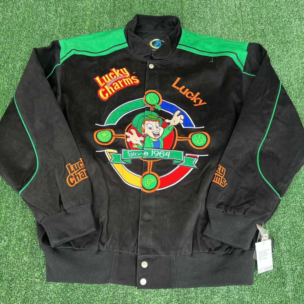 NWT VTG Lucky Charms Jacket Men's XL Black Nascar Racing Embroidered Leprechaun